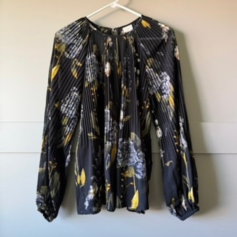 A New Day Womens L Black Yellow Floral Pleated Sheer Balloon Sleeve Blouse